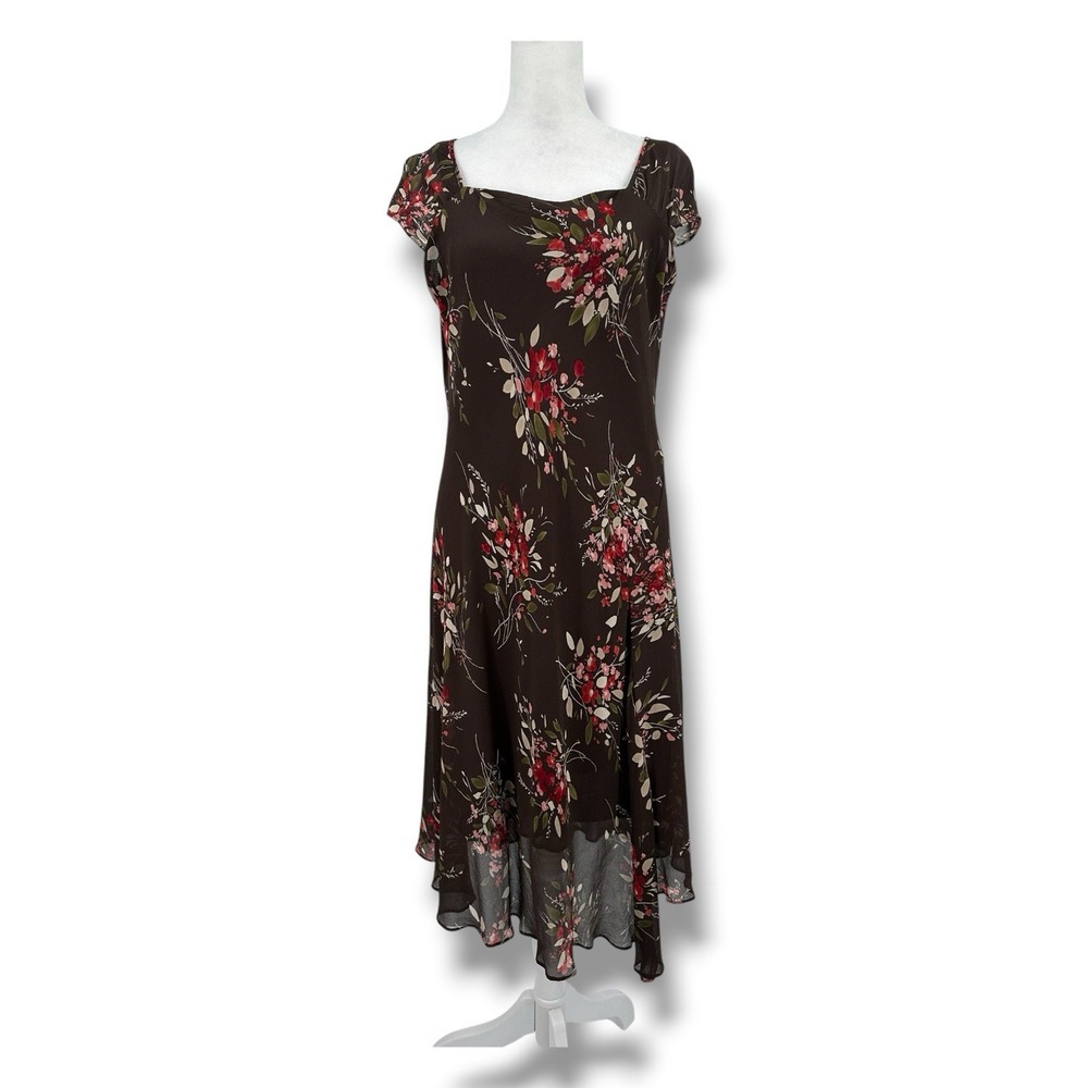 VTG Y2K 100% Silk Brown Floral Asym Hem Whimsygoth Dress XL Dark Fairy Grunge